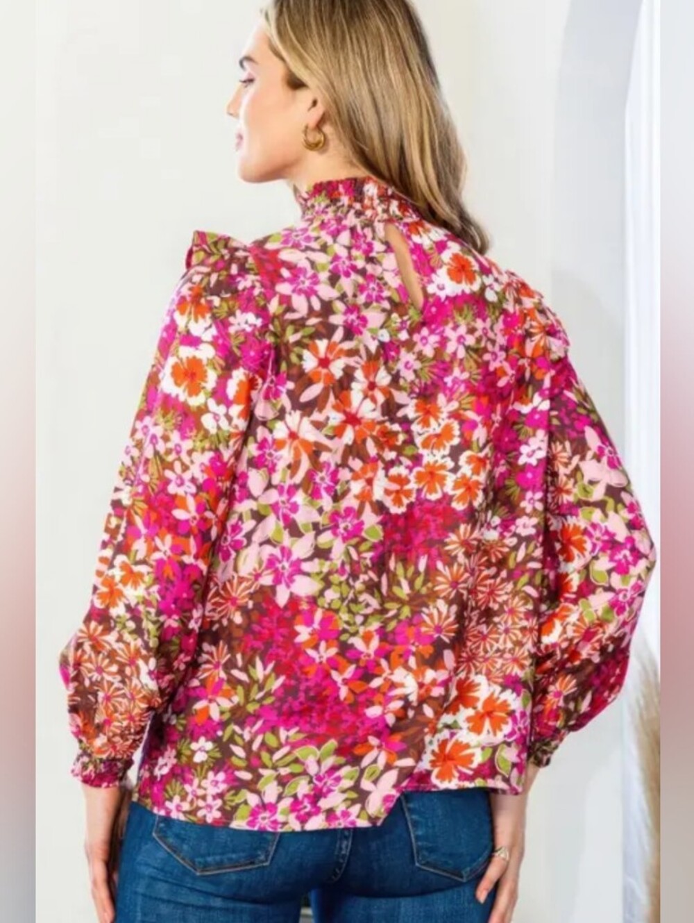 Floral Ruffle YOKE High-Neck Blouse - Pink Multi - Picture 4 of 6